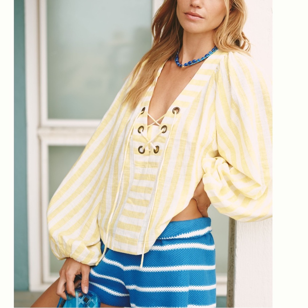 Anthropologie Linen Dolman Top Long Sleeve V-Neck Small Yellow Stripe